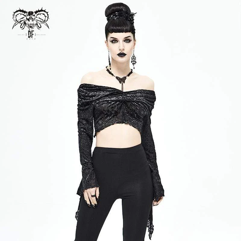 Gothic Flare Sleeve Off Shoulder, svart Crop Top för kvinnor