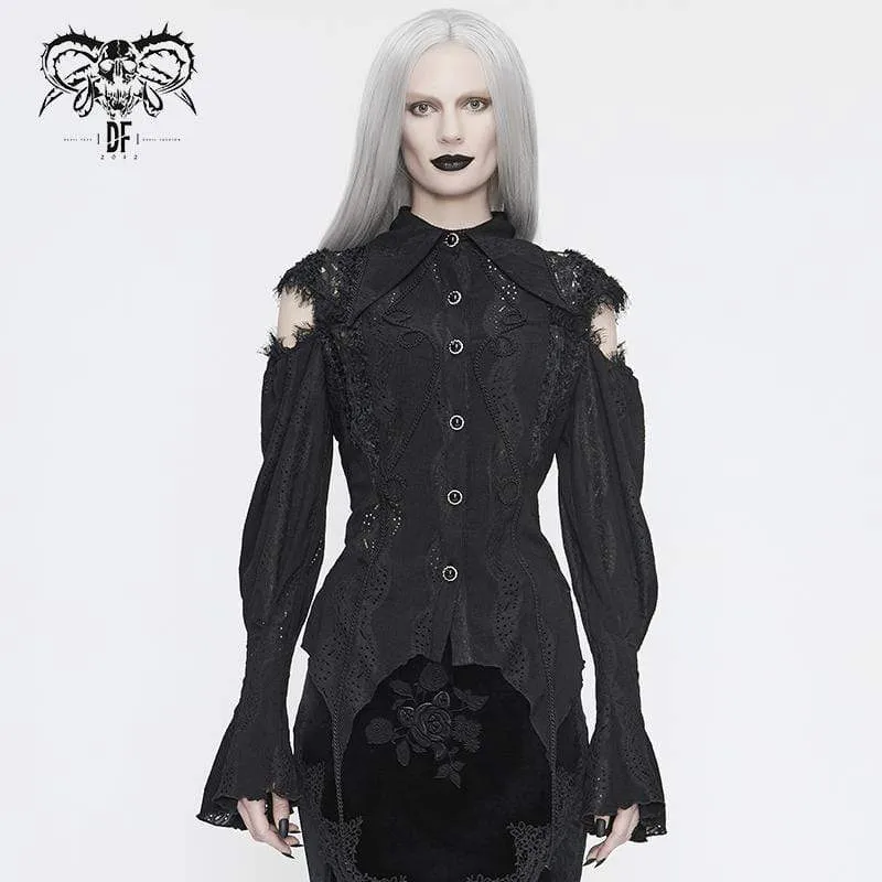 Gothic Punk svart helärmad skjorta med asymmetrisk spets och sladd för damer