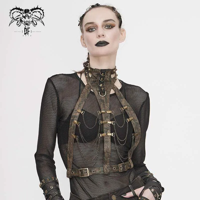 Steampunk brun kroppssele för kvinnor med mässingskedja