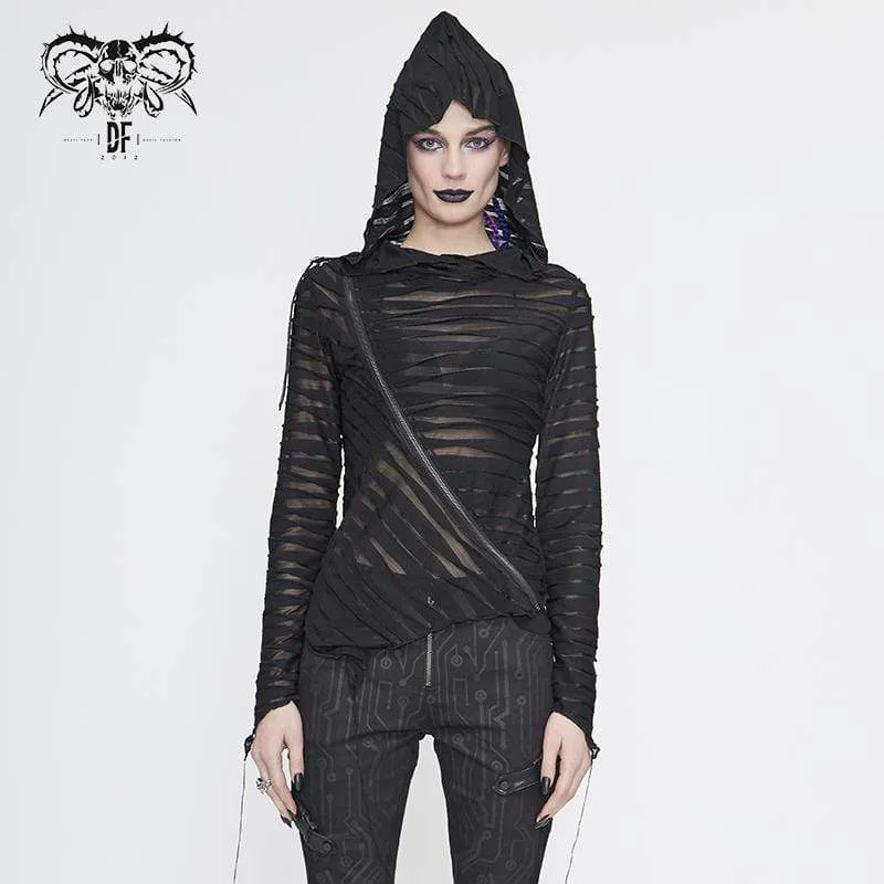 Gothic asymmetrisk skira långärmad toppar med huva för kvinnor