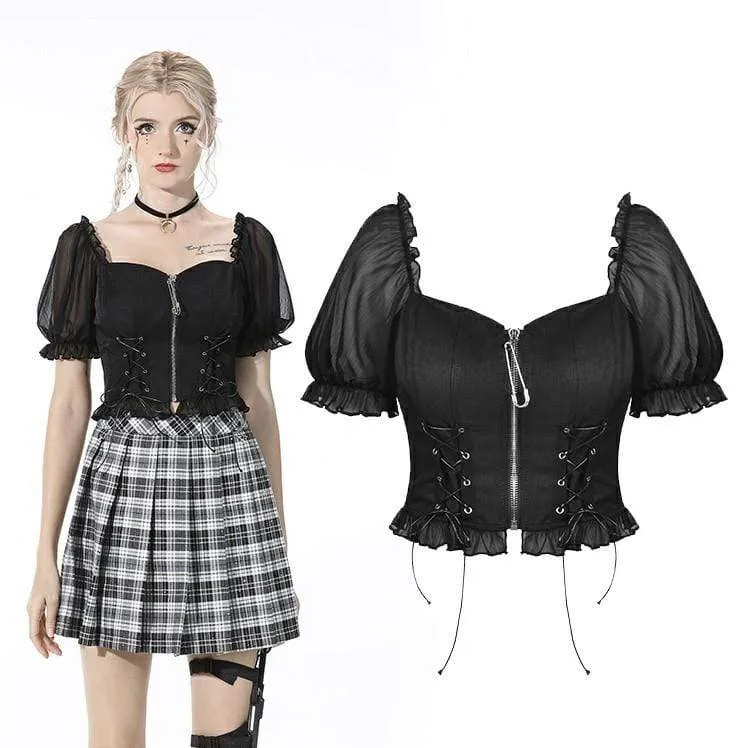 Kvinnors Punk Puff ärm dragkedja svart Crop Top