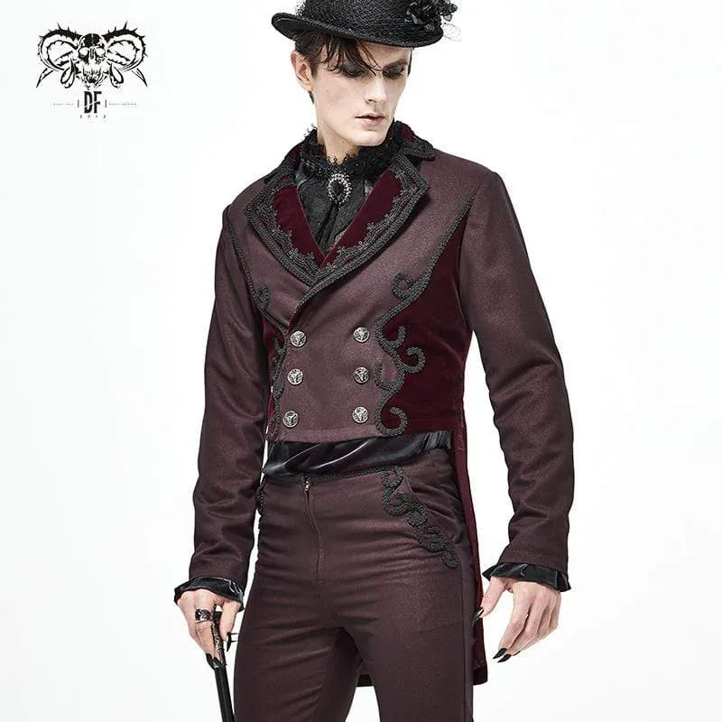 Gothic Dubbelknäppt Jacquard Svalstjärtad kostymrock för män Mörkröd