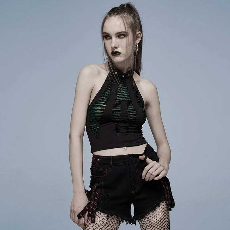 Grunge Ripped Skull Halter Crop Top för kvinnor
