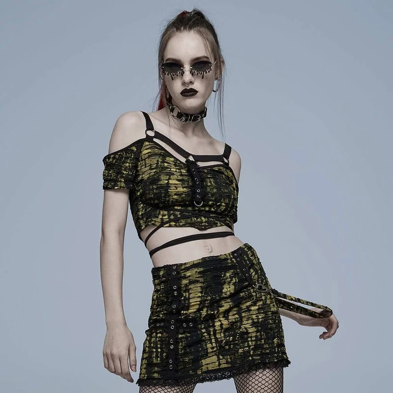 Grunge Strappy Off Shoulder Ripped Crop Top för kvinnor
