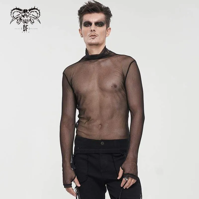 Gotisk skjorta med turtleneck, genomskinlig mesh för män
