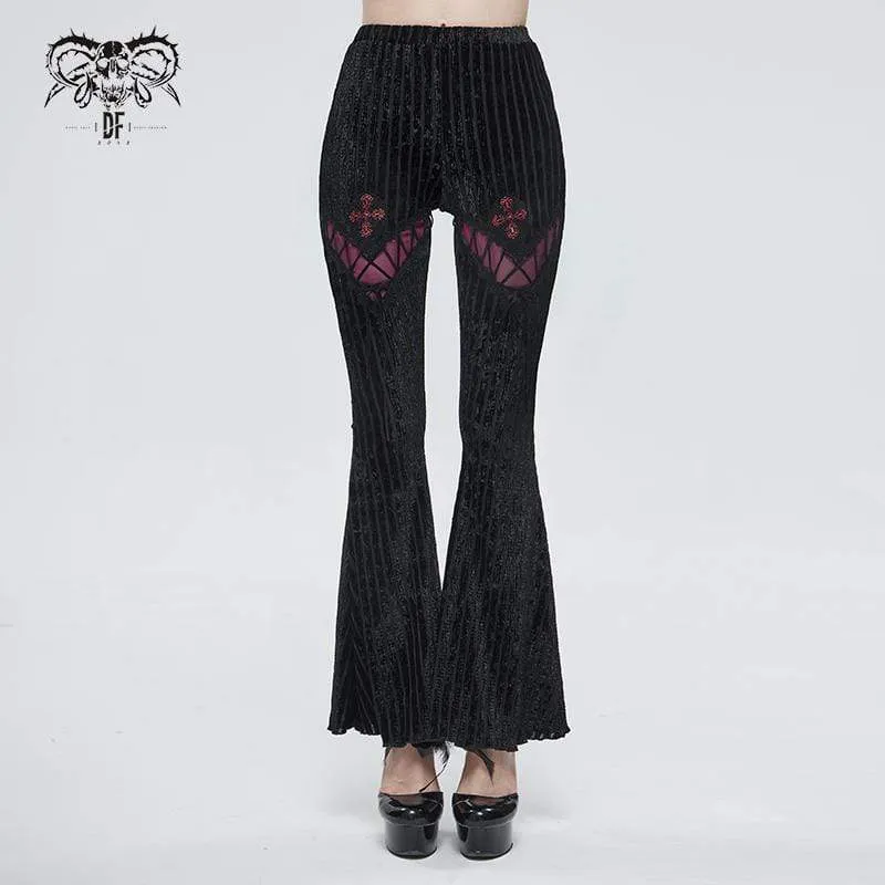 Gothic Strappy Splice Ribbed Flared Byxor för kvinnor