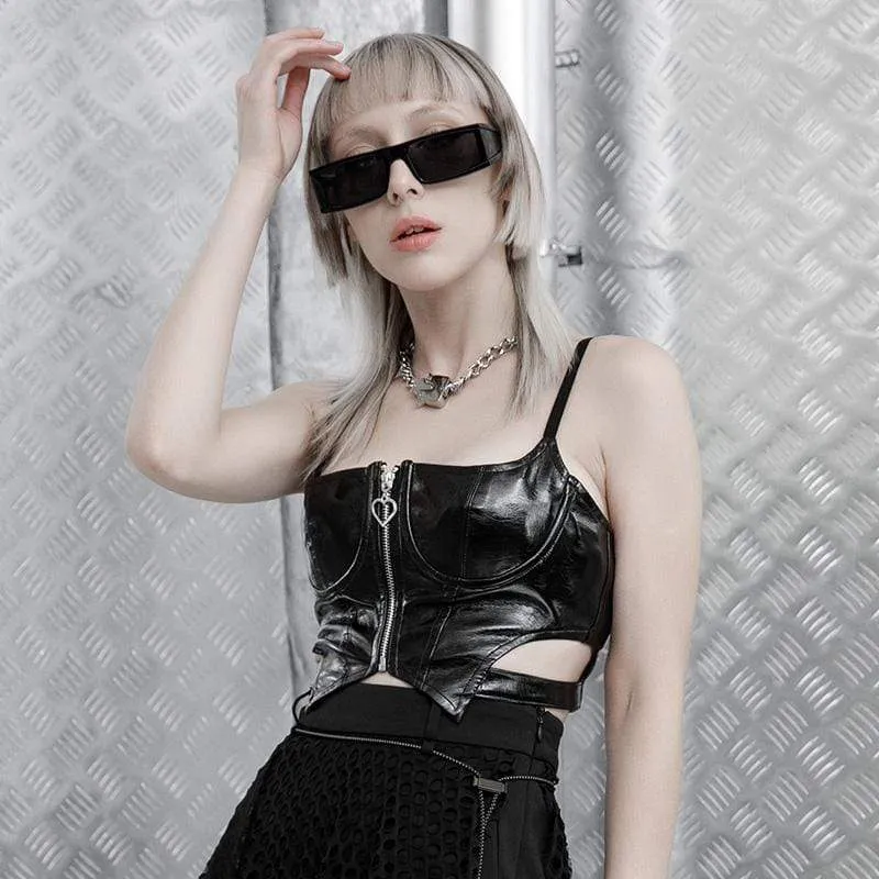 Kvinnors Grunge Front Zip Slip konstlädervästar