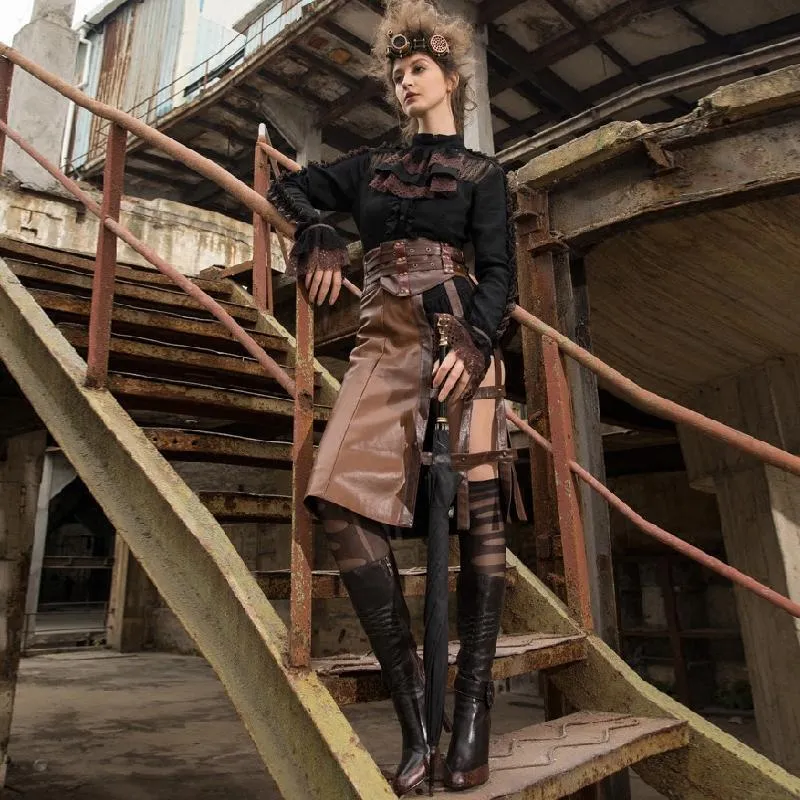 Steampunk halvkjol i konstläder för kvinnor