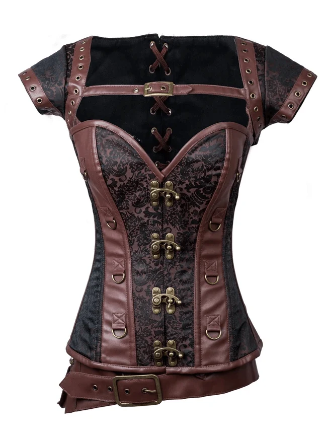 Steampunk Jacquard Steel Boned Busk Corset för kvinnor med jacka och bälte