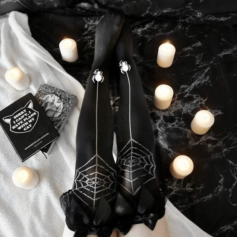 Svarta strumpor från Goth Spindelnät för kvinnor med bowknot