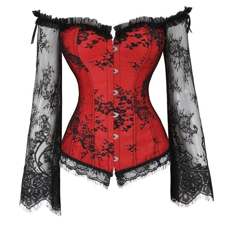 Gothic Floral Lace Sleeved Overbust Korsetter för kvinnor