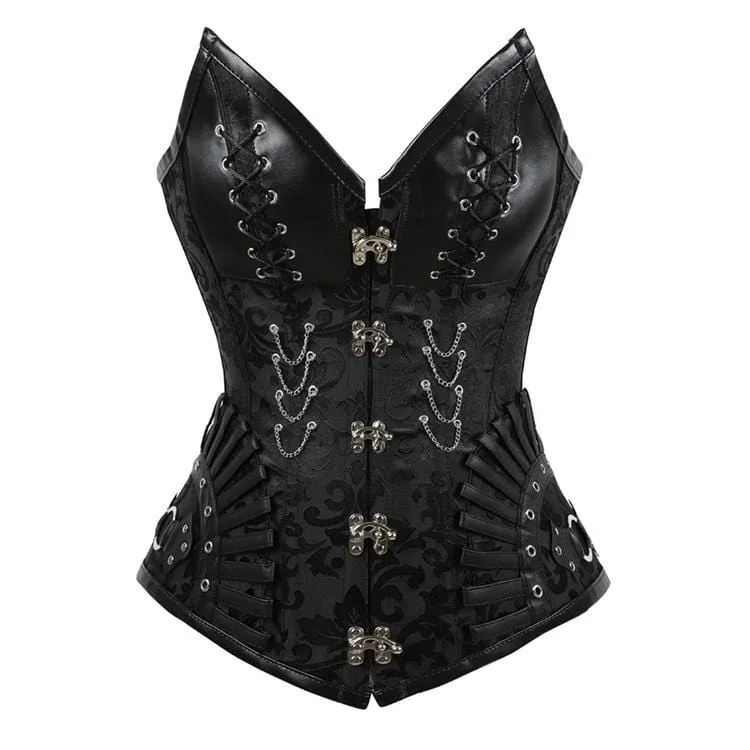 Gothic Strappy Faux Läder Splicing Floral Korsetter för kvinnor