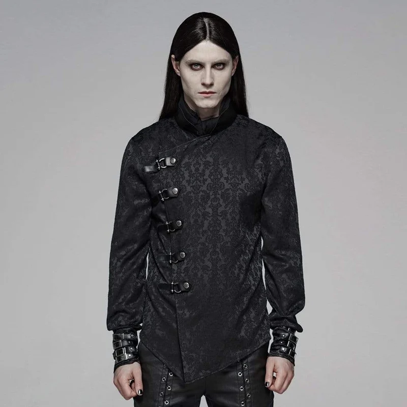 Goth blommig tryckt skjorta med ståkrage för män, svart
