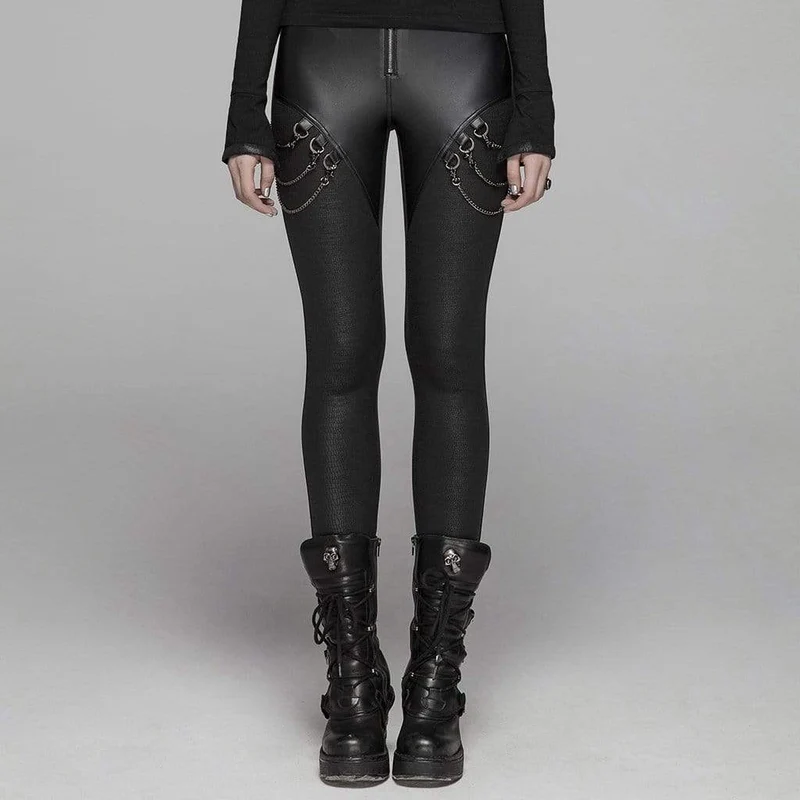 Skinny Leggings i Goth konstläder för kvinnor med metallkedjor