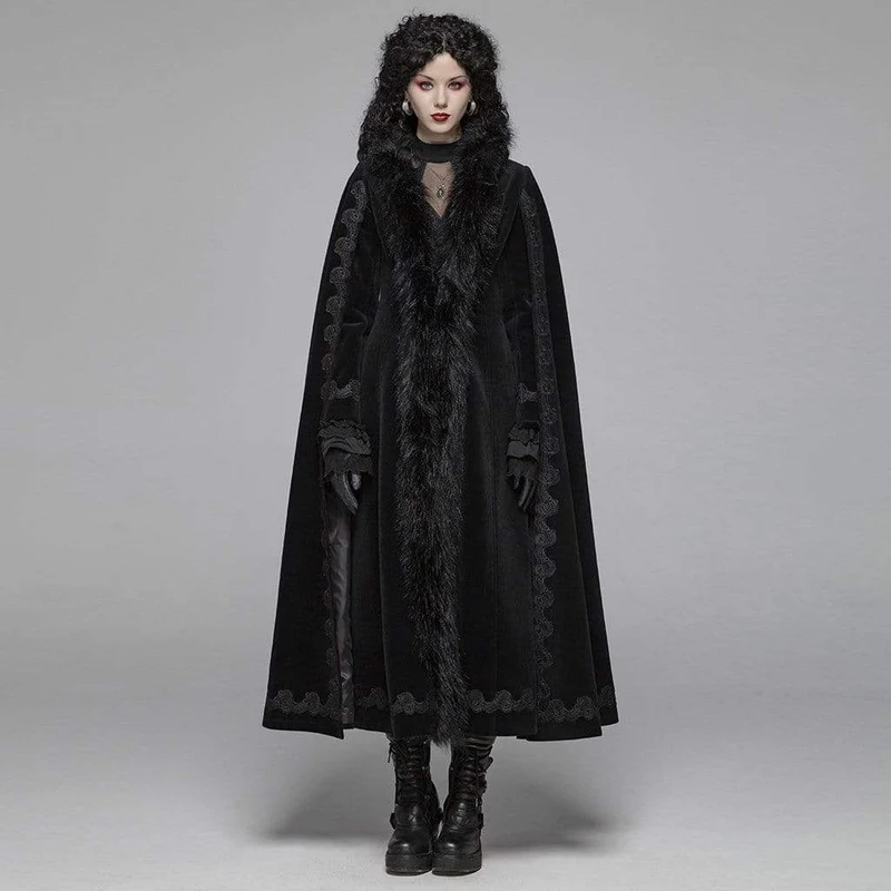 Goth broderad ylle-maxikappa för kvinnor med pälskrage