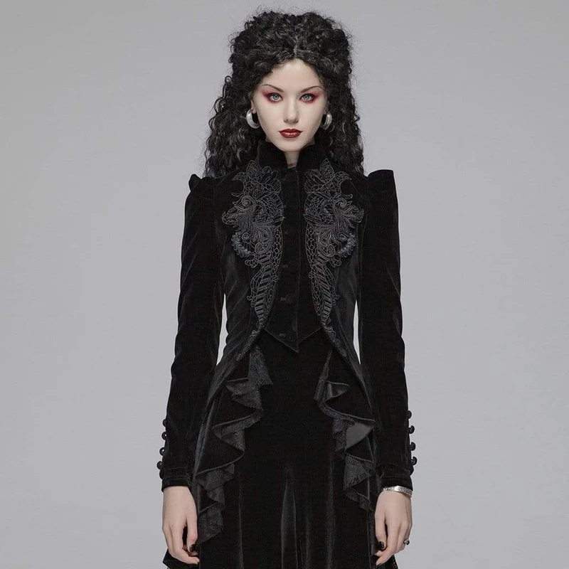 Goth blommiga broderade puffärmar, korta jackor i Velet för kvinnor