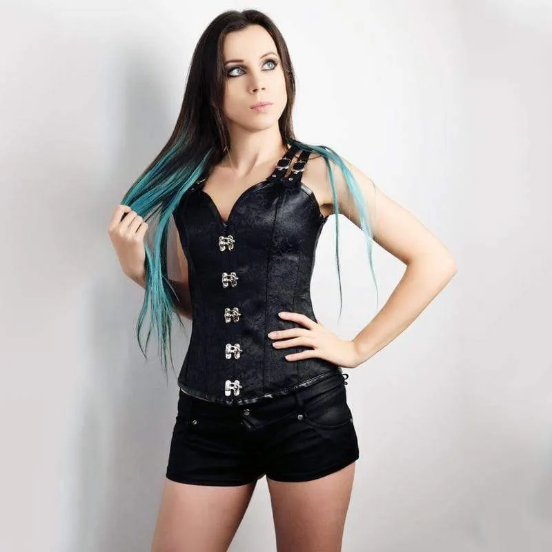 Damsvart satin sexig korsett med stark ben och snörning med bustier