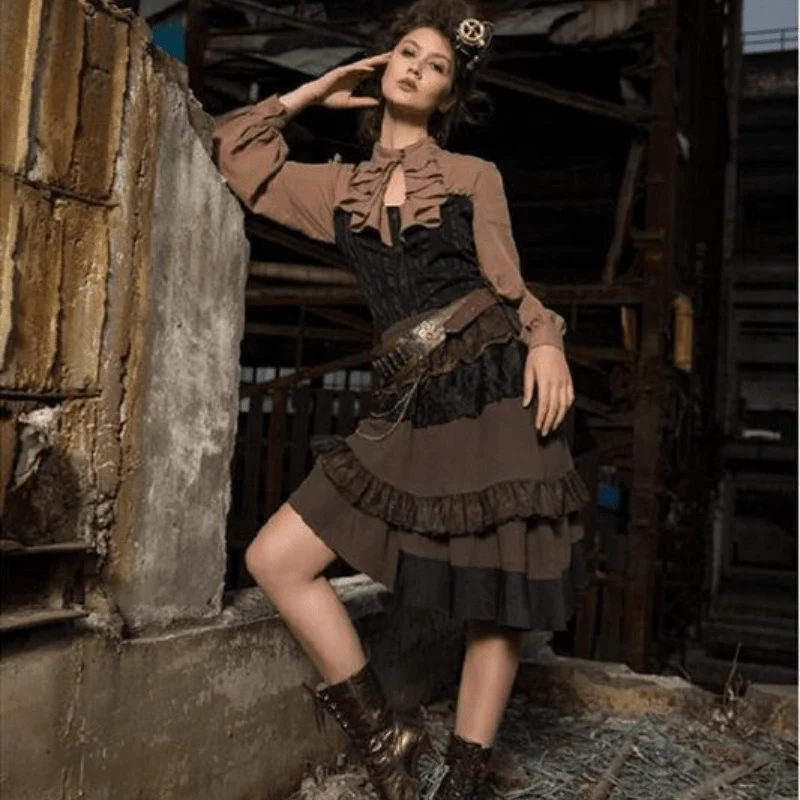 Asymmetriskt nät och spetsfräsad Steampunk-kjol för kvinnor