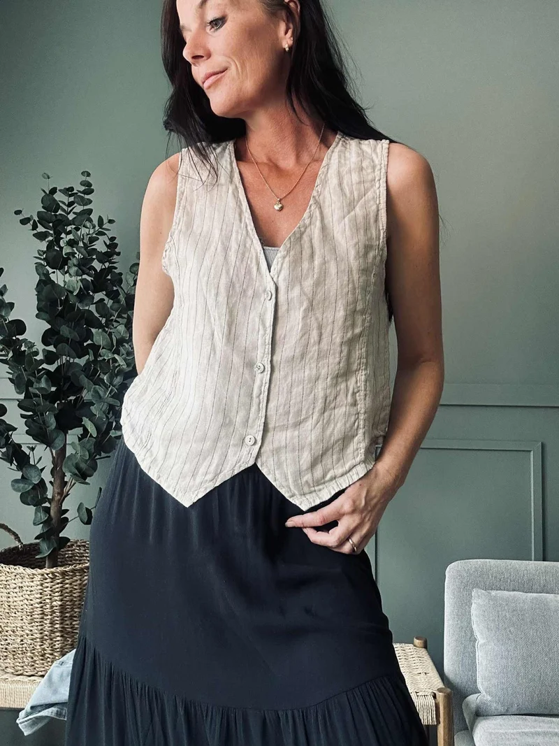 Väst beige randig - Lin