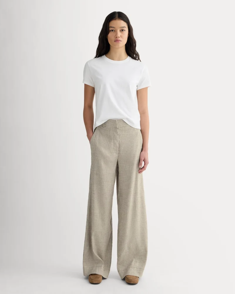 The Wide-Leg Pant in Stretch Linen | Deep Taupe Mini Gingham