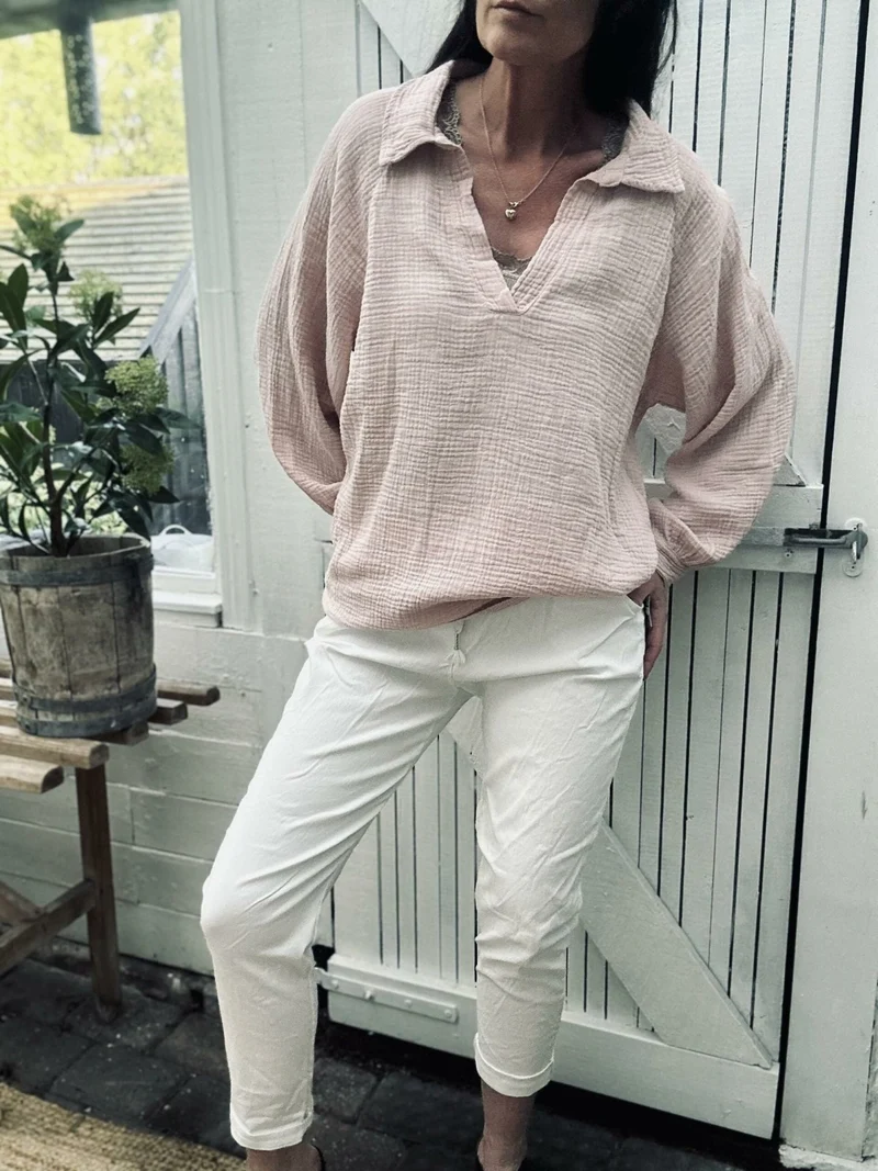 Blus i våfflad bomull - Rosa