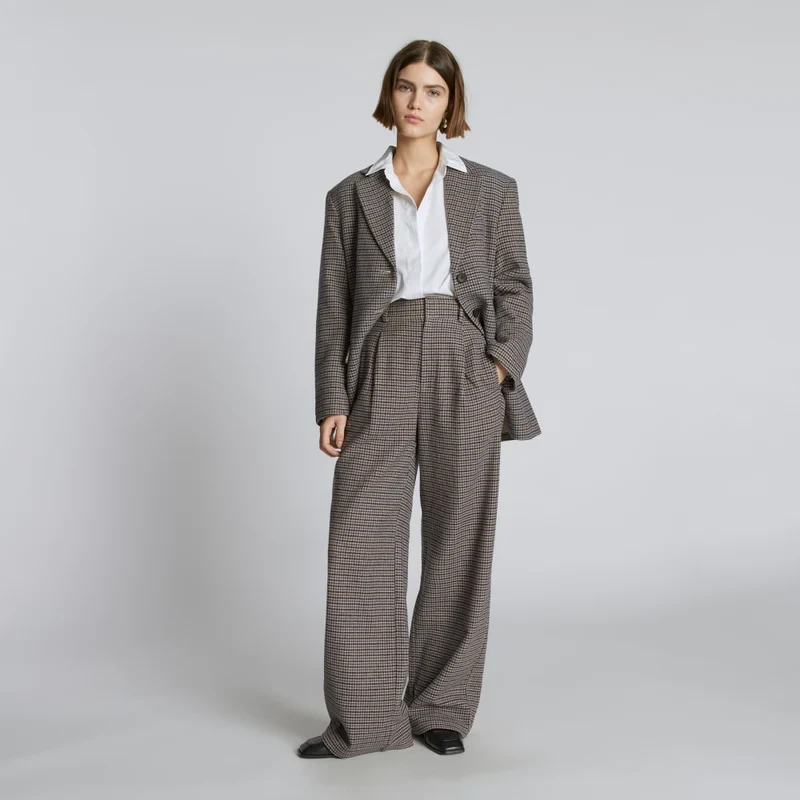 The ReWool® Way-High Drape Pant | Blue / Brown Houndstooth
