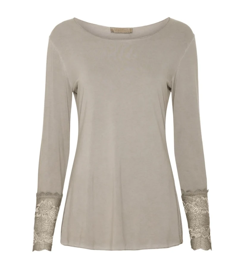 Blus BASIS med spetsdetaljer – Fango beige