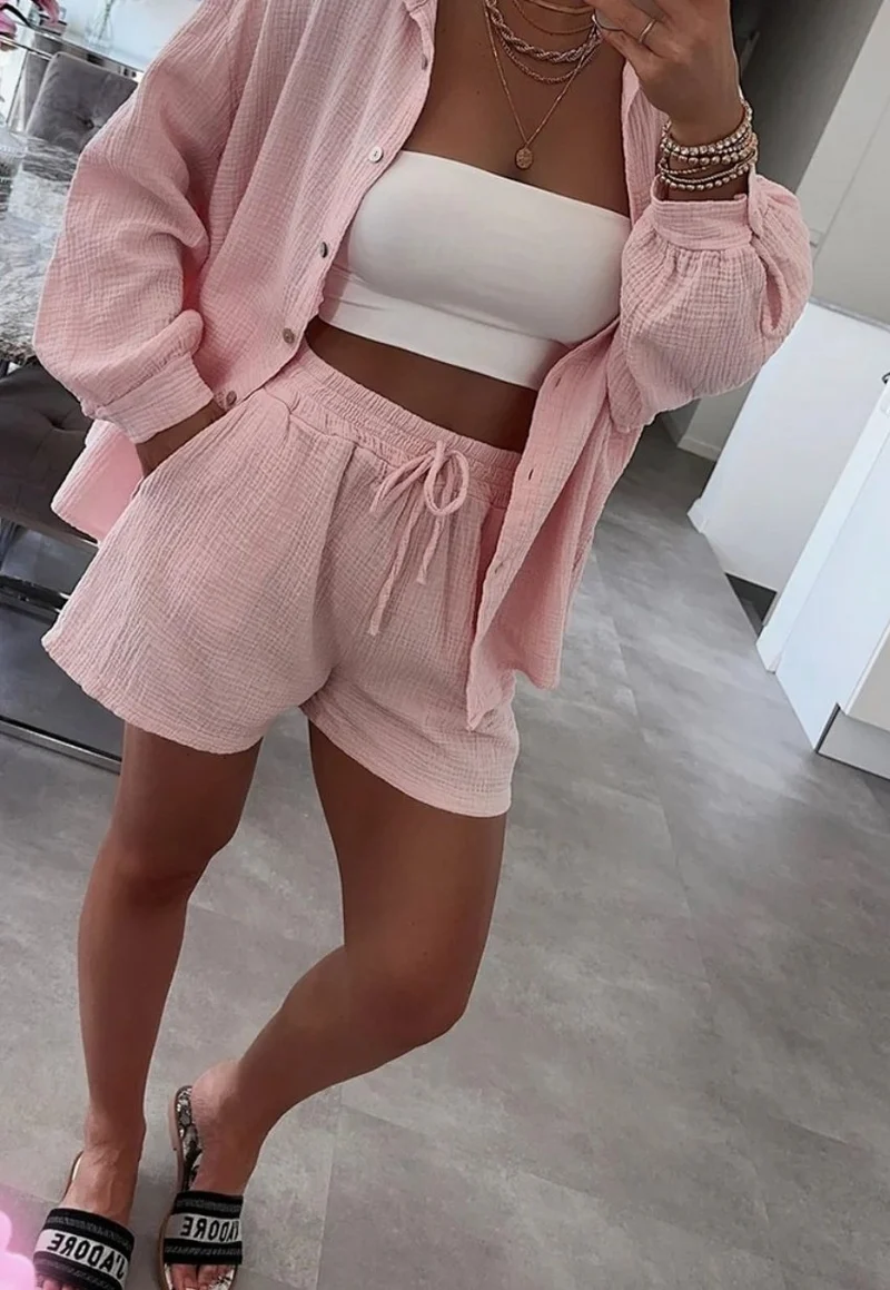 Set med våfflad skjorta och shorts – Rose bomull
