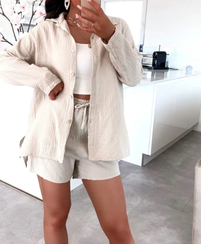 Set med våfflad skjorta och shorts - Beige bomull
