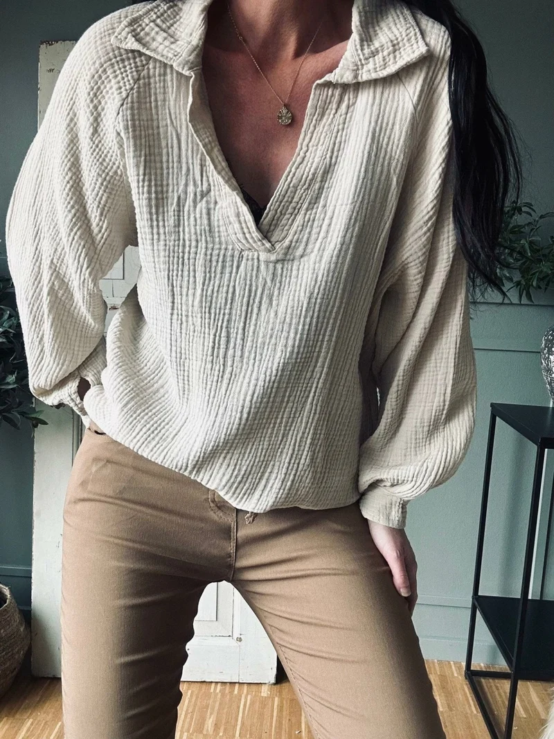 Blus i våfflad bomull – Beige