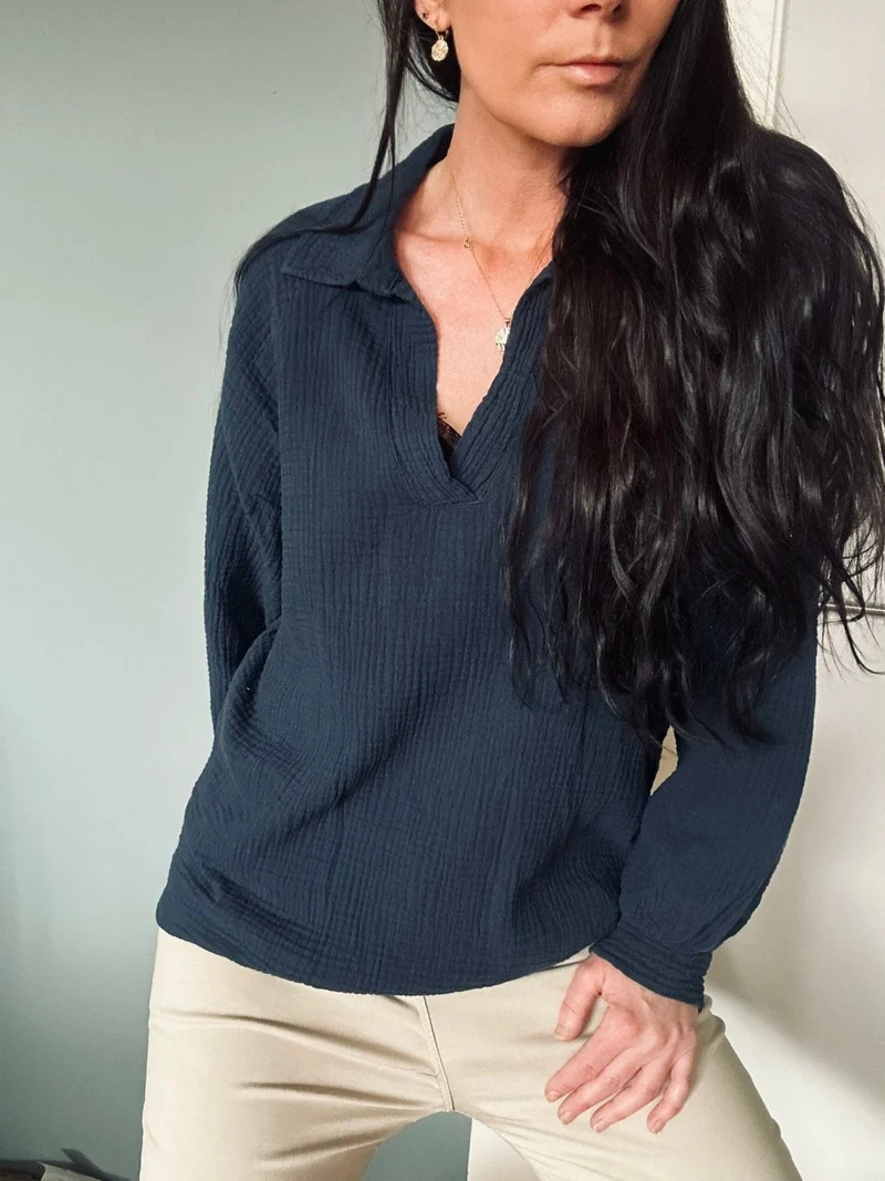Blus i vaffelbomull – Navy