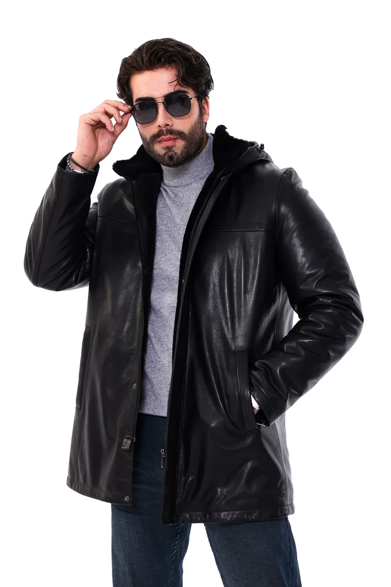 The Davos Black Genuine Leather & Shearling Hooded Men Coat