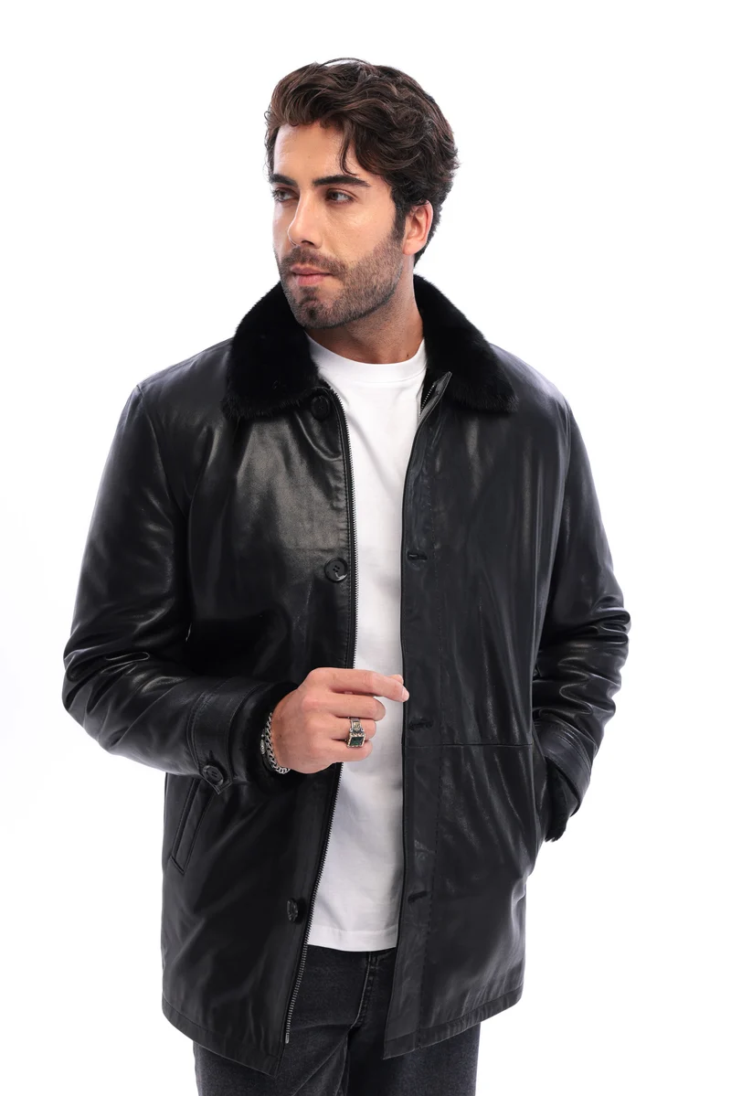 The Avelino Black Genuine Calf Leather Fur Collar Men Coat