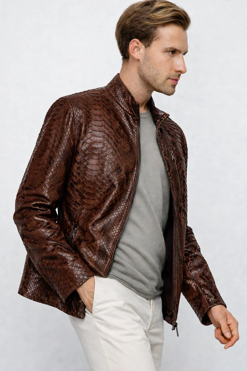 The Boss Pythn Dark Brown Leather Men Jacket Exclusive Limited Edition