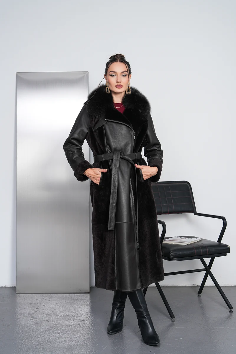 The Valmora Black Genuine Shearling Leather Women Coat