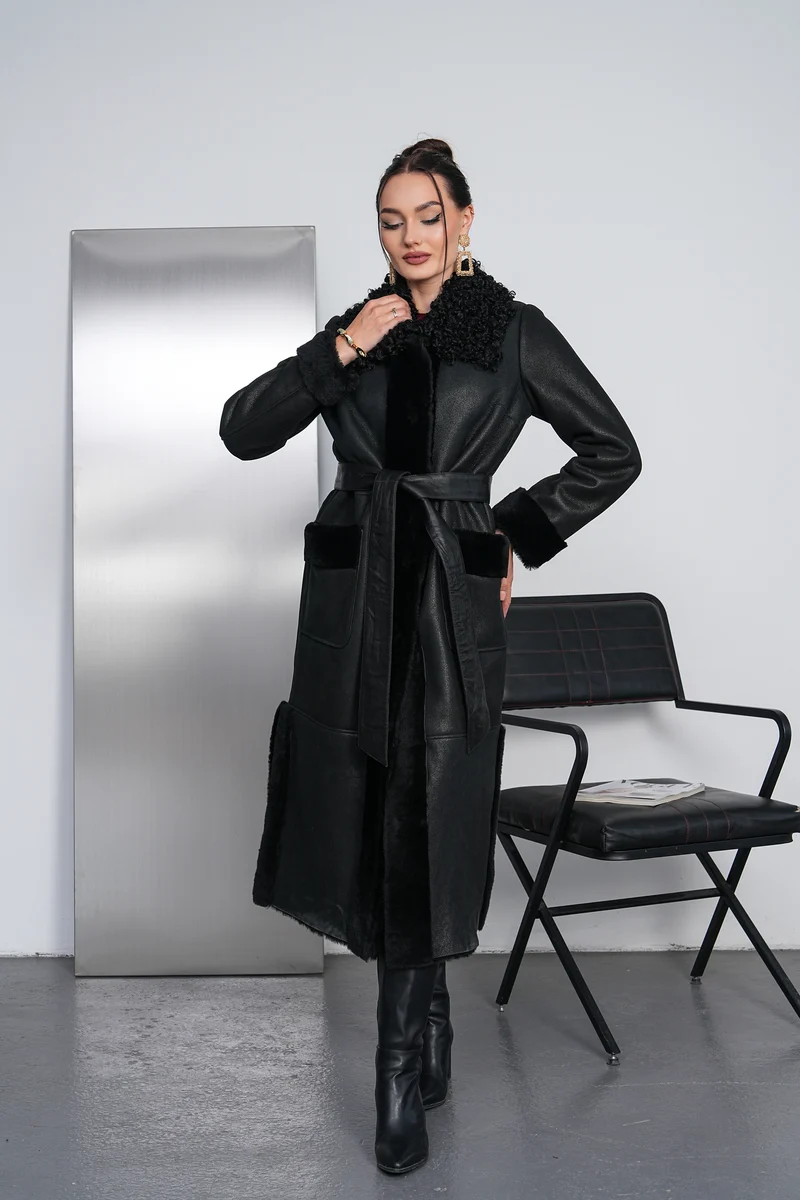 The Selvoria Black Genuine Curly Shearling Leather Women Coat