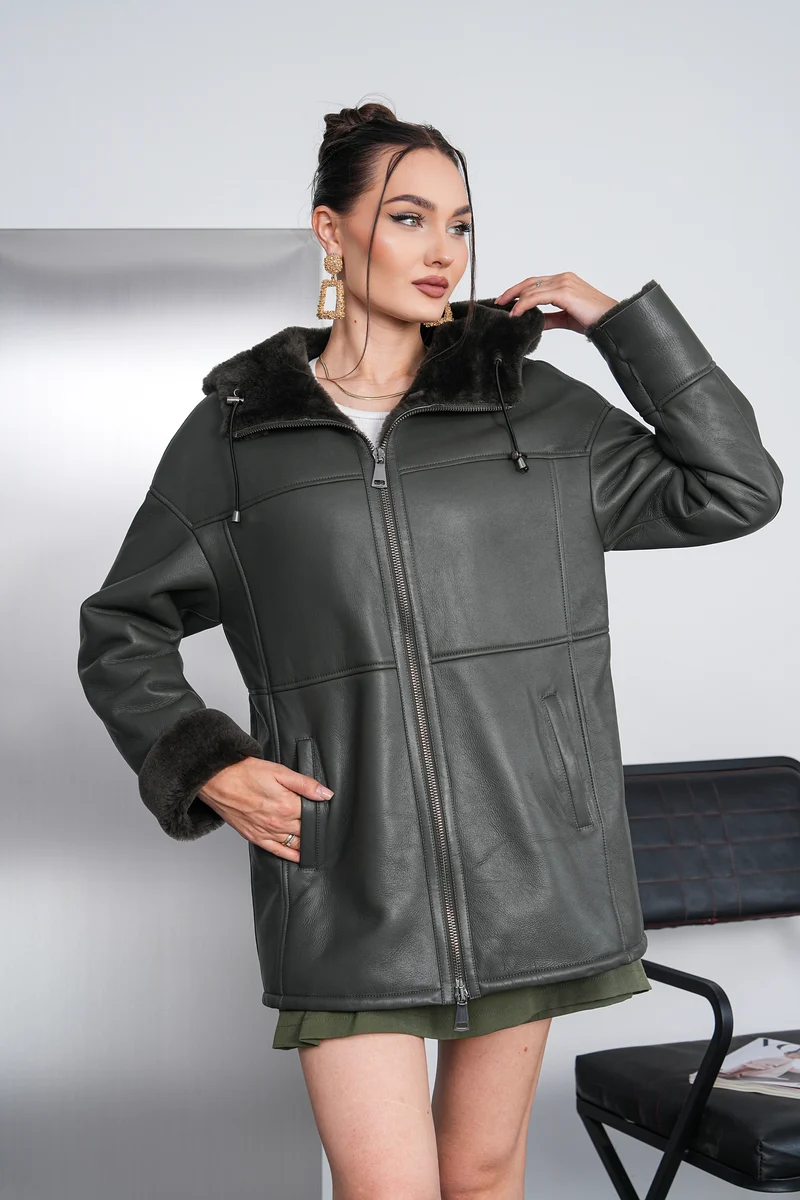 The Calverra Green Genuine Shearling Leather Hooded Women Coat
