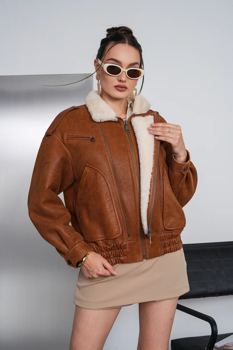 The Bellarosa Cognac Shearling Leather Women Bomber Jacket