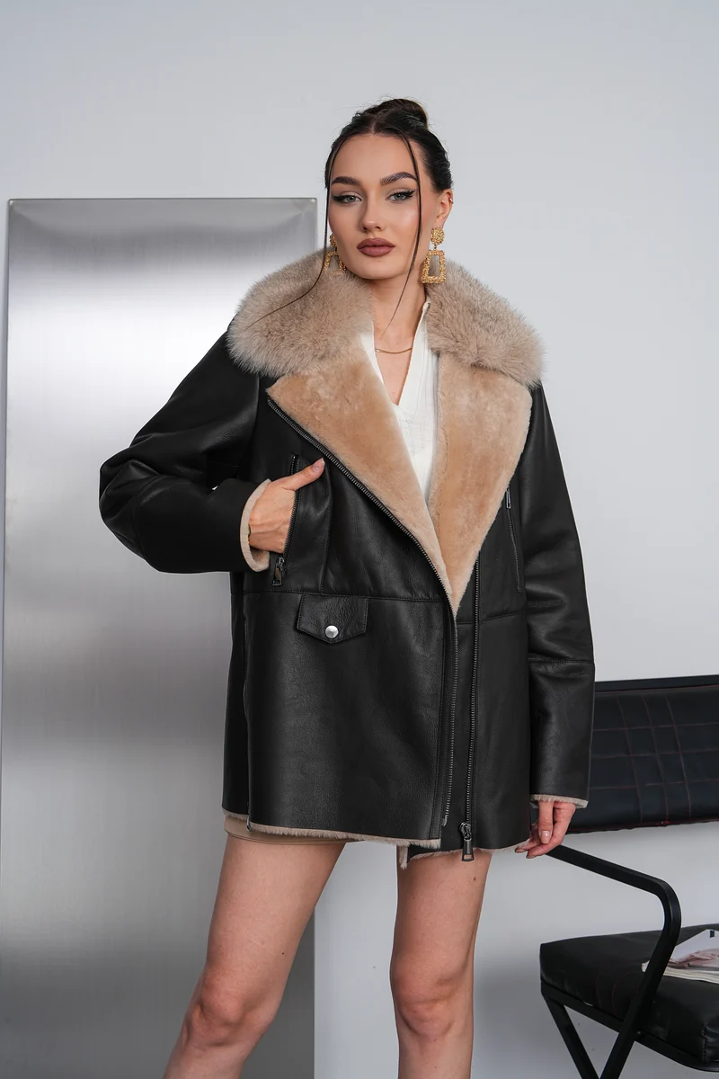 The Avellina Black Shearling Leather Women Jacket