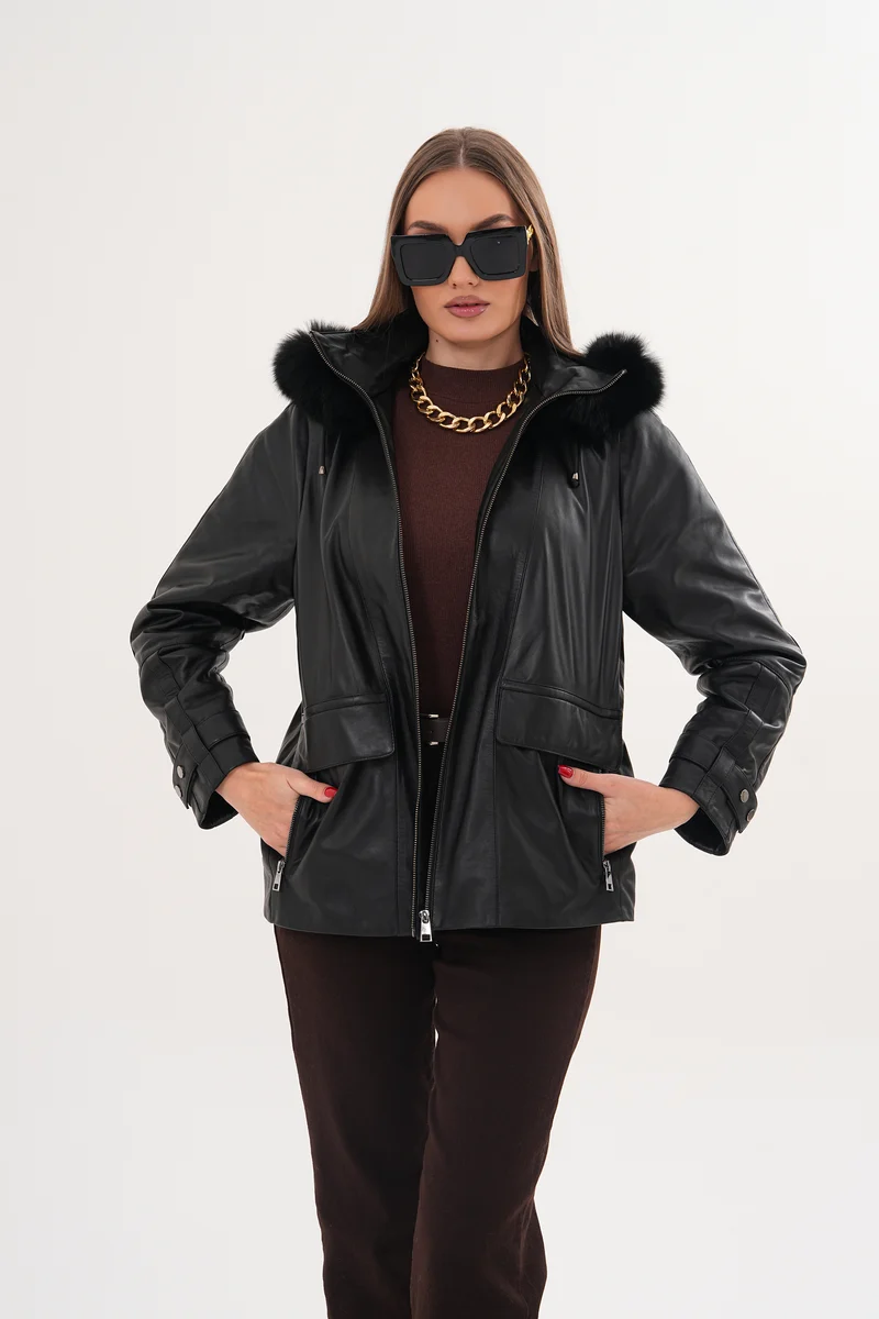 The Nerina Black Genuine Leather Fur Hooded Women Jacket