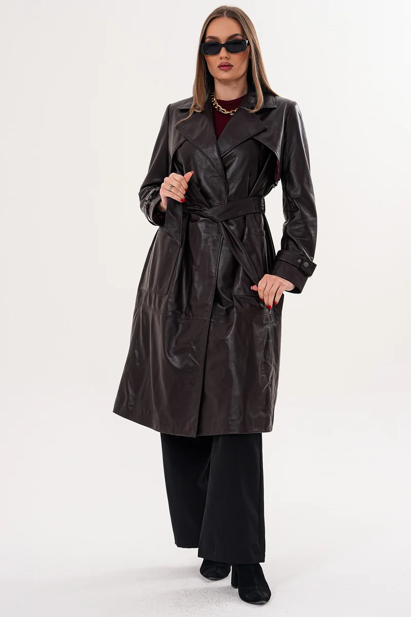 The Velmora Burgundy Genuine Leather Belted Trench Women Coat