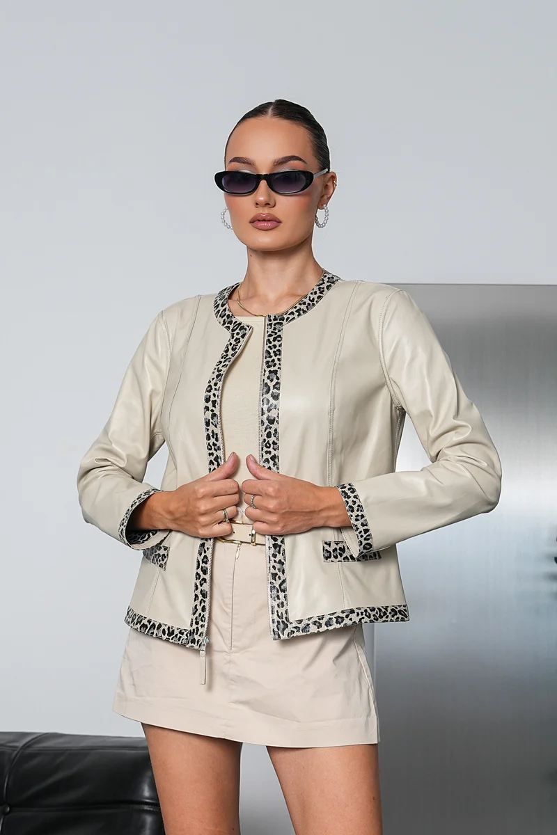The Virelia Reversible Beige & Leopard Print Leather Women Jacket