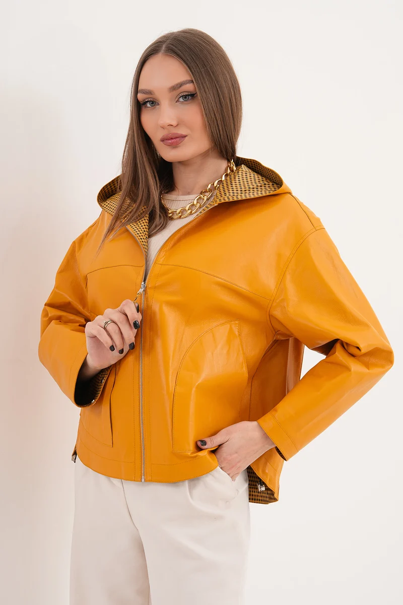 The Elvaria Yellow Genuine Leather Reversible Hooded Women Jacket