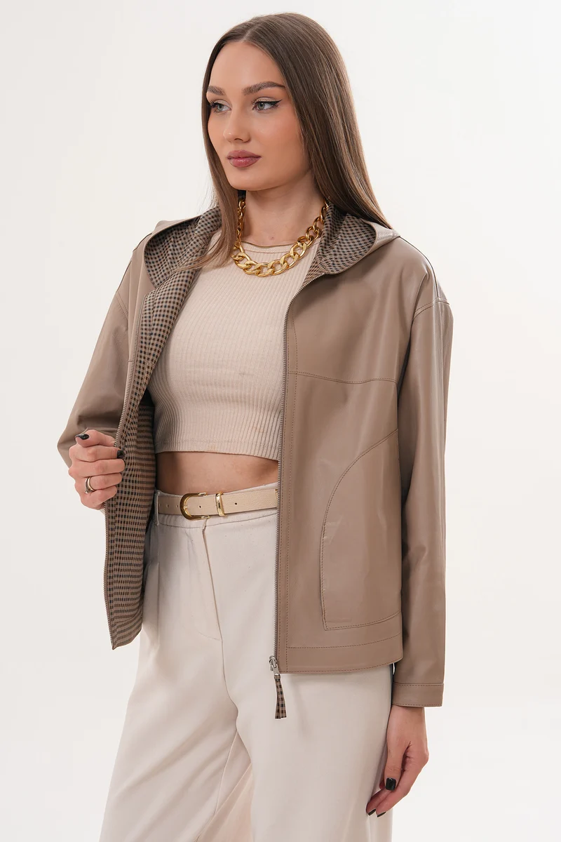 The Elvaria Taupe Genuine Leather Reversible Hooded Women Jacket