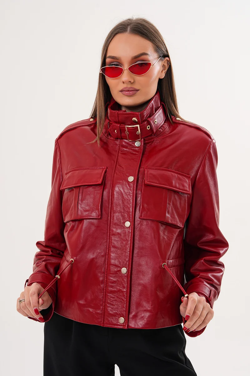 The Rosavelle Red Genuine Leather Utility Women Jacket