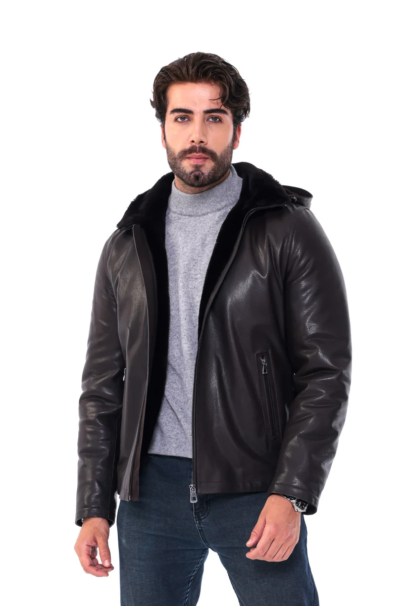 The Varello Dark Brown Genuine Leather Shearling Hooded Men Jacket