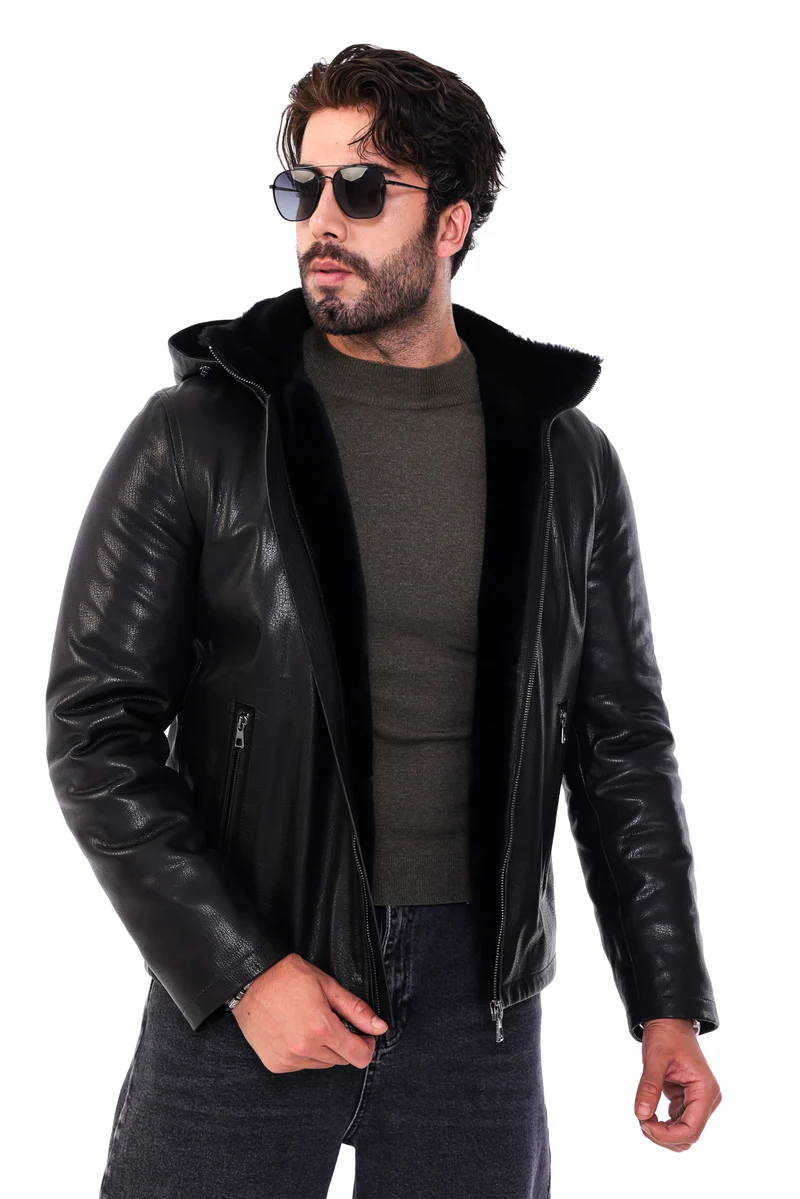 The Varello Black Genuine Leather Shearling Hooded Men Jacket