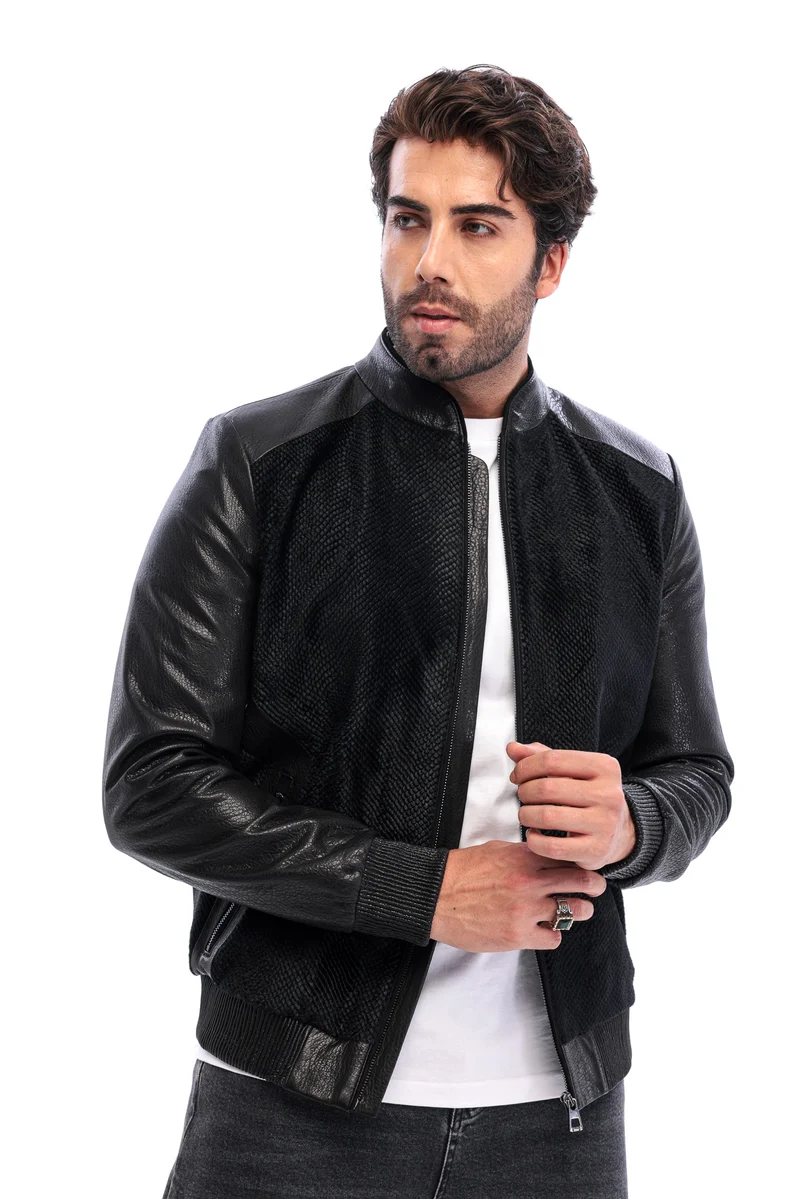 The Corviano Black Genuine Leather & Textured Leather Men Bomber Jacket