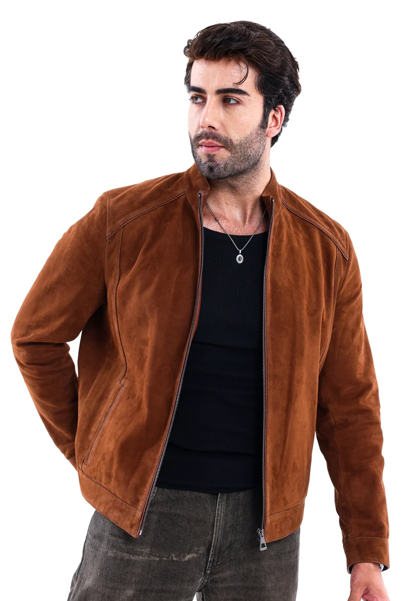 The Lucano Cognac Genuine Suede Leather Men Jacket