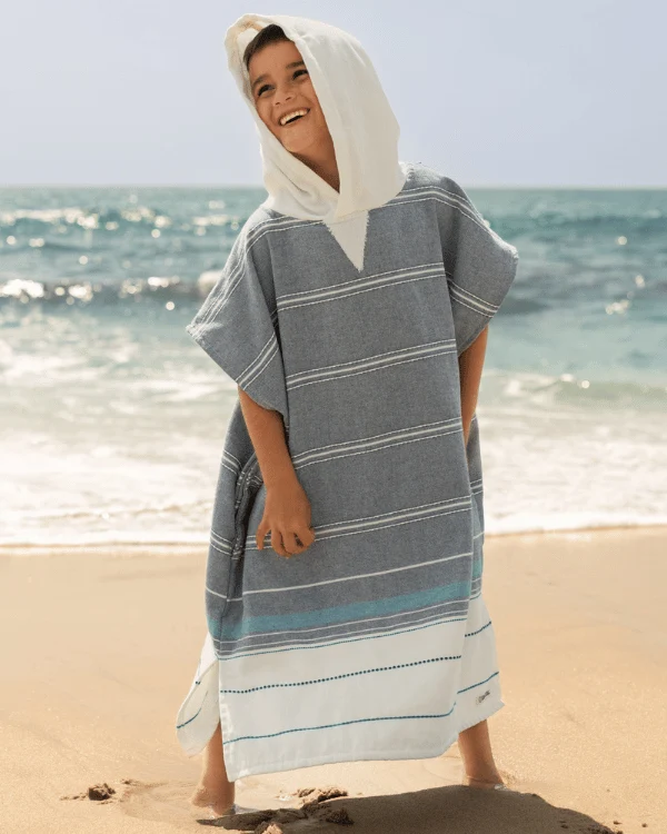 Colorblock Stripe Hooded Poncho Youth - Blue